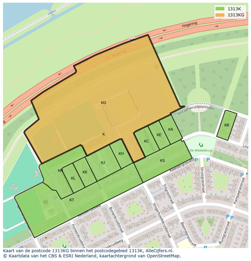 Afbeelding van het postcodegebied 1313 KG op de kaart.