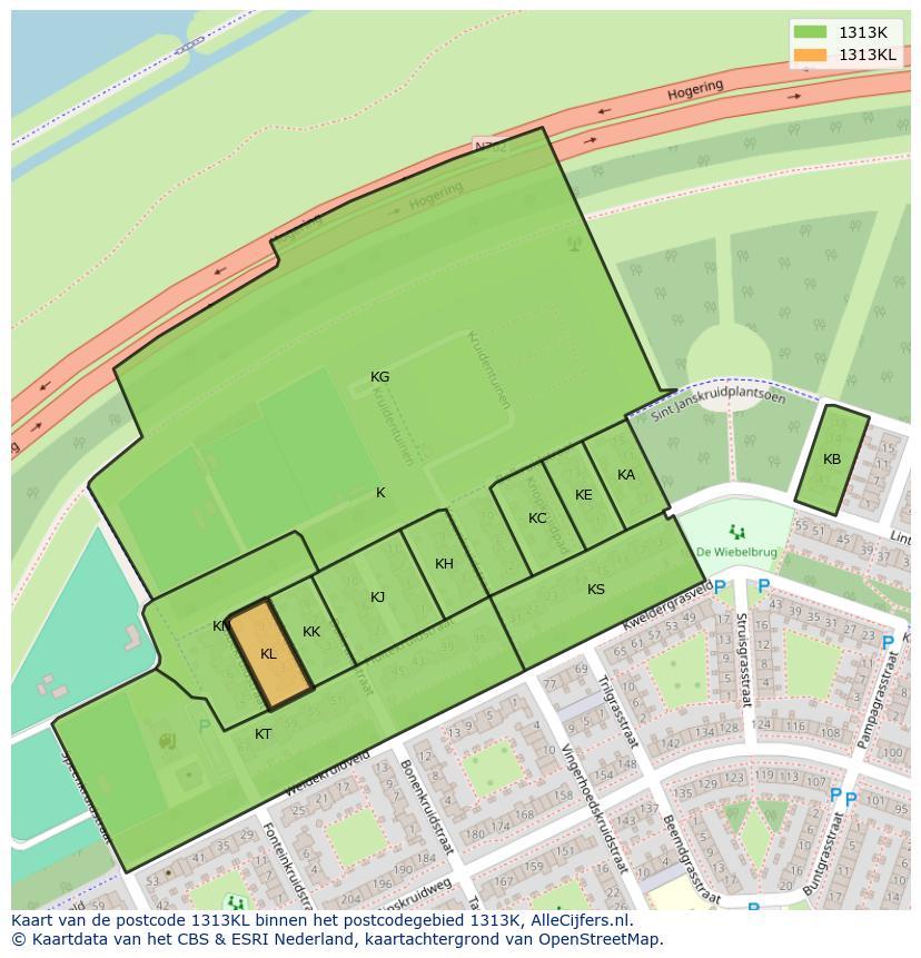 Afbeelding van het postcodegebied 1313 KL op de kaart.