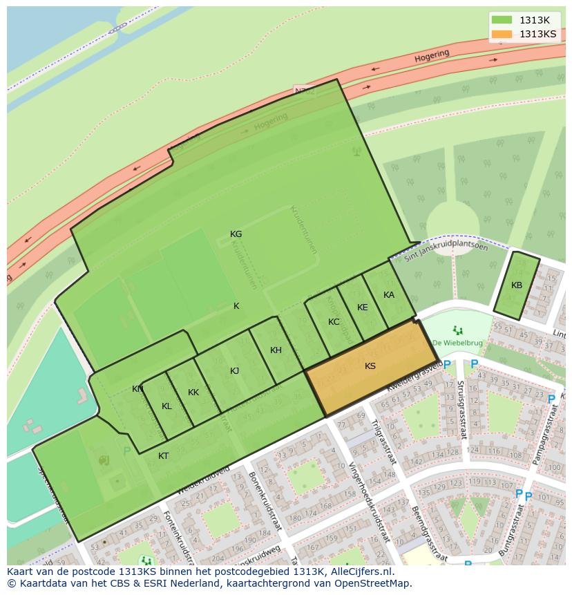 Afbeelding van het postcodegebied 1313 KS op de kaart.