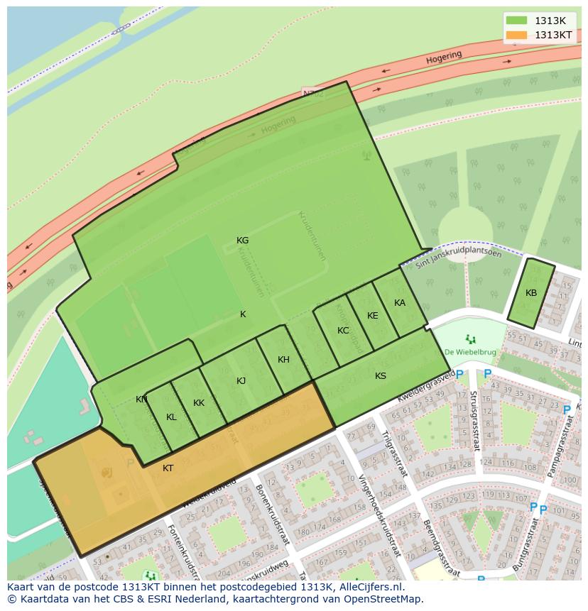 Afbeelding van het postcodegebied 1313 KT op de kaart.