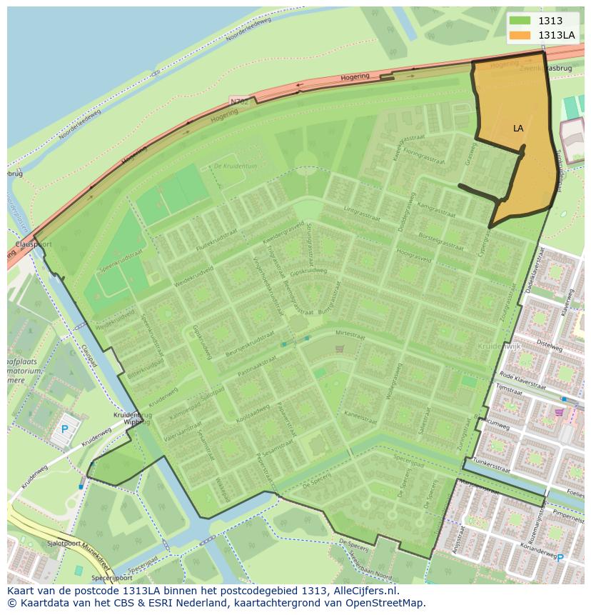 Afbeelding van het postcodegebied 1313 LA op de kaart.