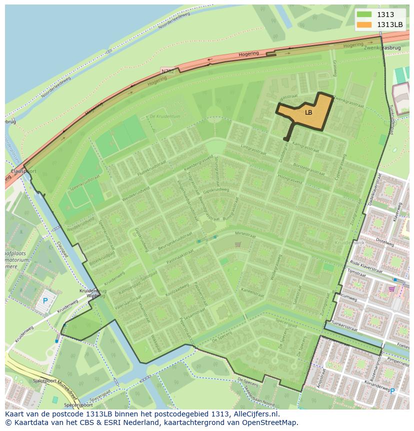 Afbeelding van het postcodegebied 1313 LB op de kaart.