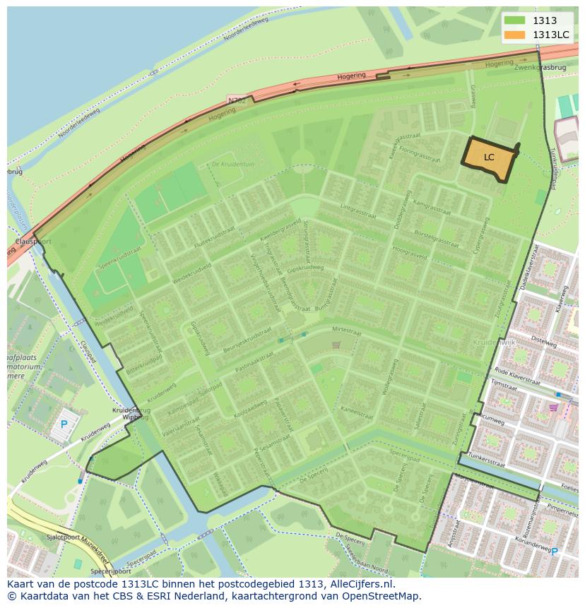 Afbeelding van het postcodegebied 1313 LC op de kaart.