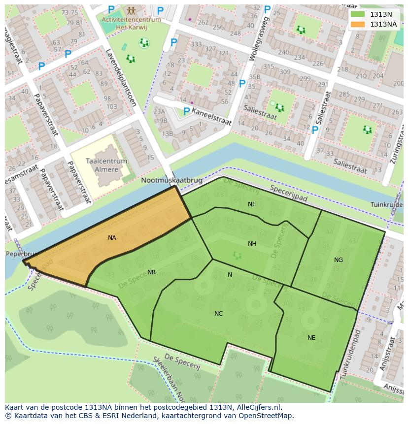 Afbeelding van het postcodegebied 1313 NA op de kaart.