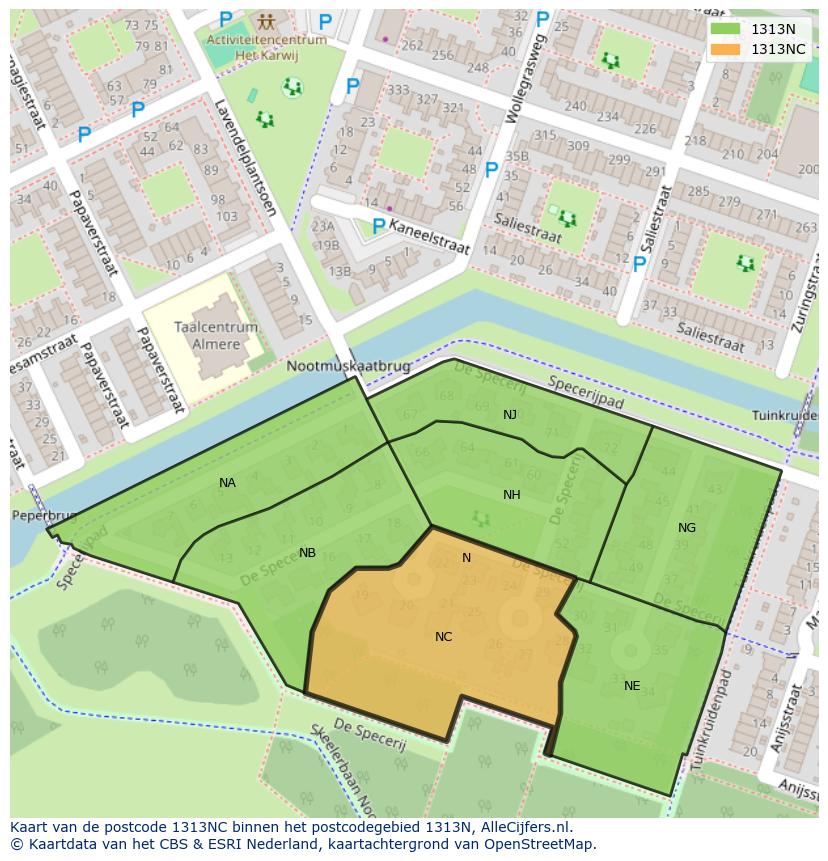 Afbeelding van het postcodegebied 1313 NC op de kaart.