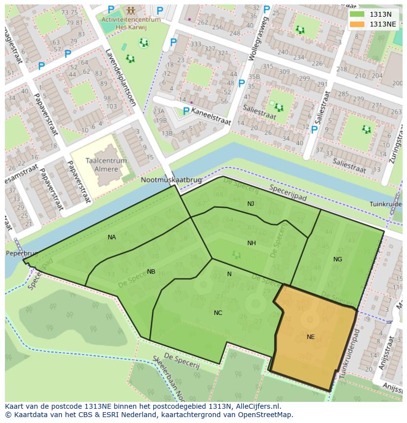 Afbeelding van het postcodegebied 1313 NE op de kaart.