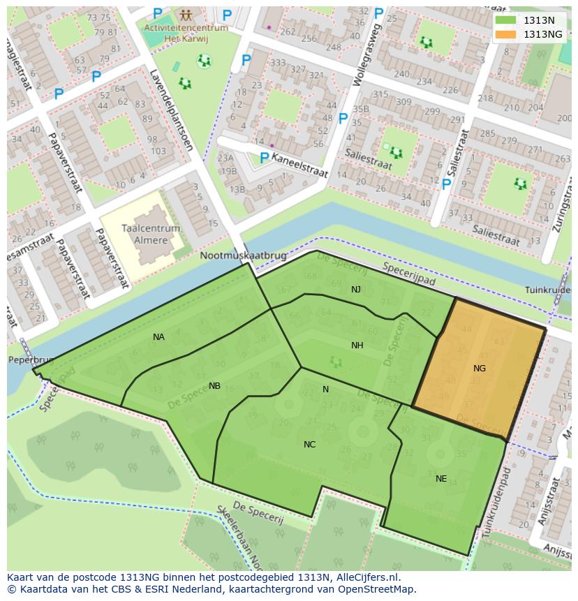 Afbeelding van het postcodegebied 1313 NG op de kaart.