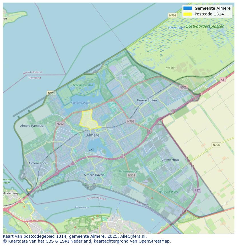 Afbeelding van het postcodegebied 1314 op de kaart.
