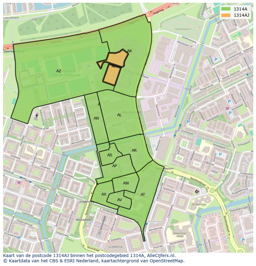 Afbeelding van het postcodegebied 1314 AJ op de kaart.