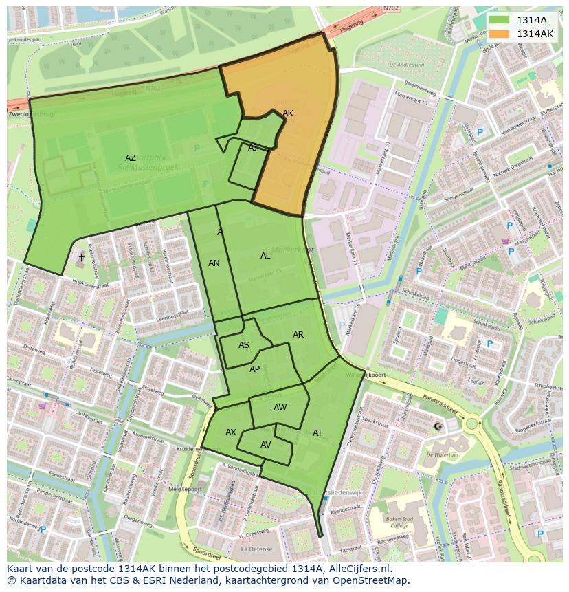 Afbeelding van het postcodegebied 1314 AK op de kaart.