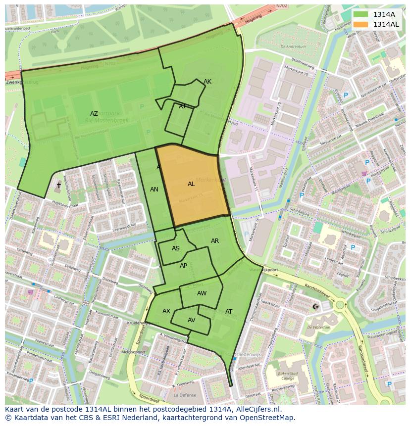 Afbeelding van het postcodegebied 1314 AL op de kaart.