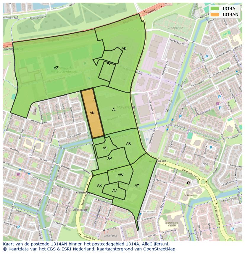 Afbeelding van het postcodegebied 1314 AN op de kaart.