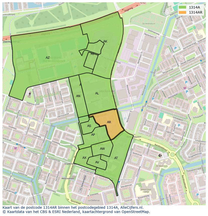Afbeelding van het postcodegebied 1314 AR op de kaart.