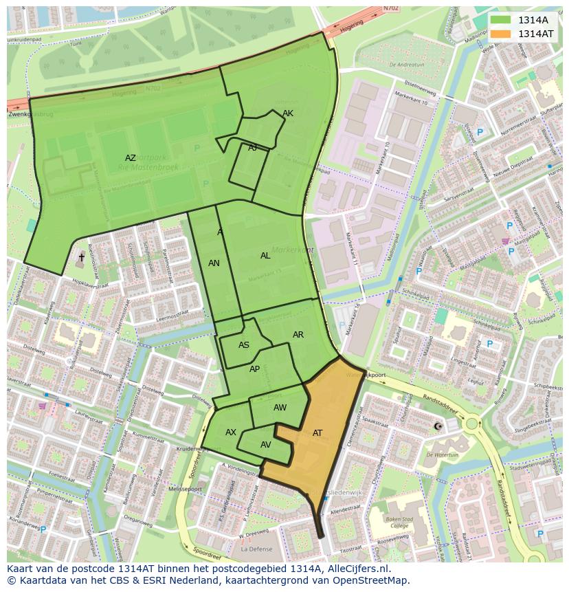 Afbeelding van het postcodegebied 1314 AT op de kaart.