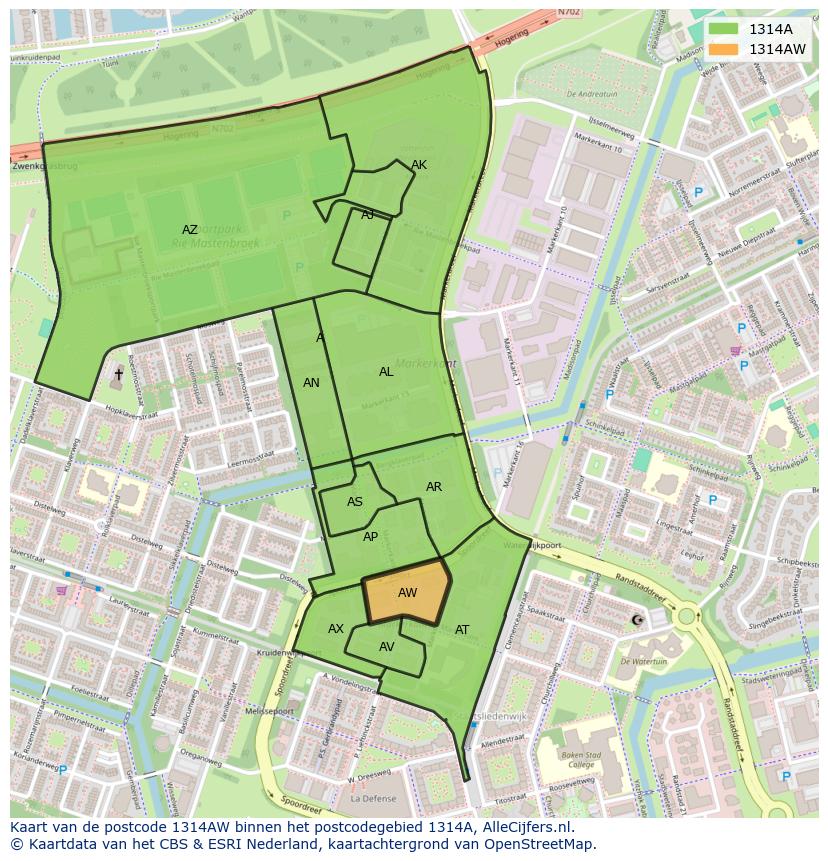 Afbeelding van het postcodegebied 1314 AW op de kaart.