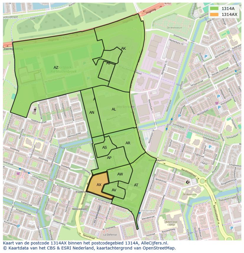 Afbeelding van het postcodegebied 1314 AX op de kaart.