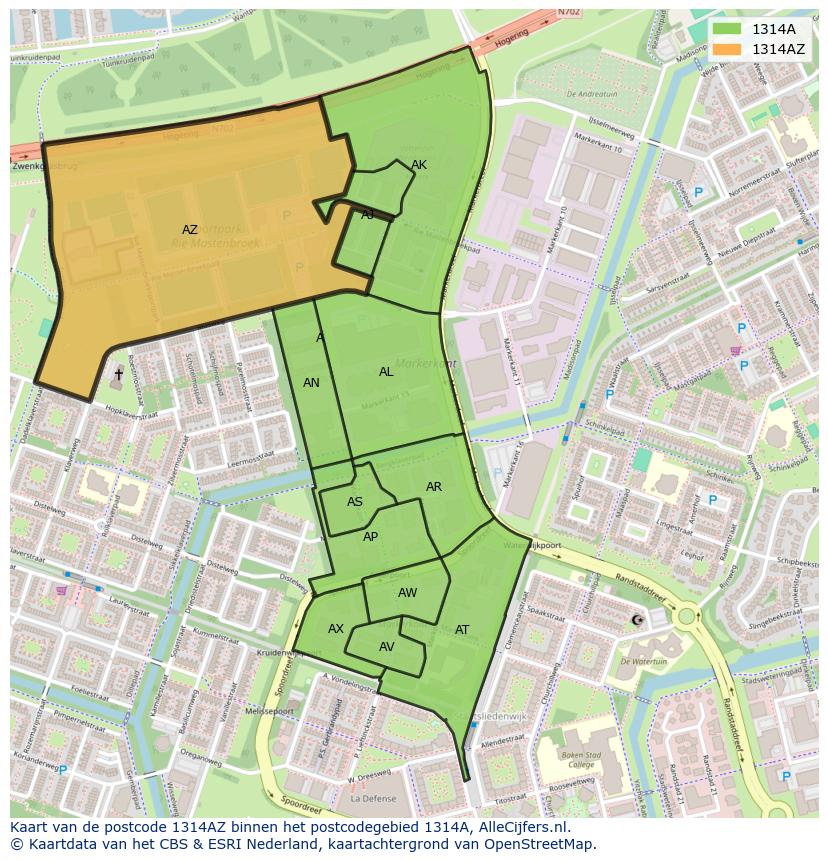 Afbeelding van het postcodegebied 1314 AZ op de kaart.