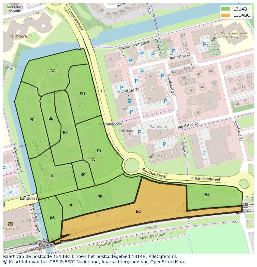 Afbeelding van het postcodegebied 1314 BC op de kaart.