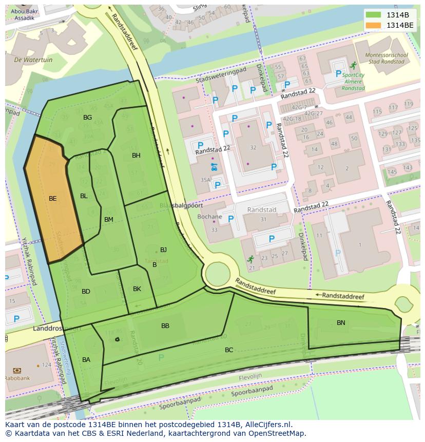 Afbeelding van het postcodegebied 1314 BE op de kaart.