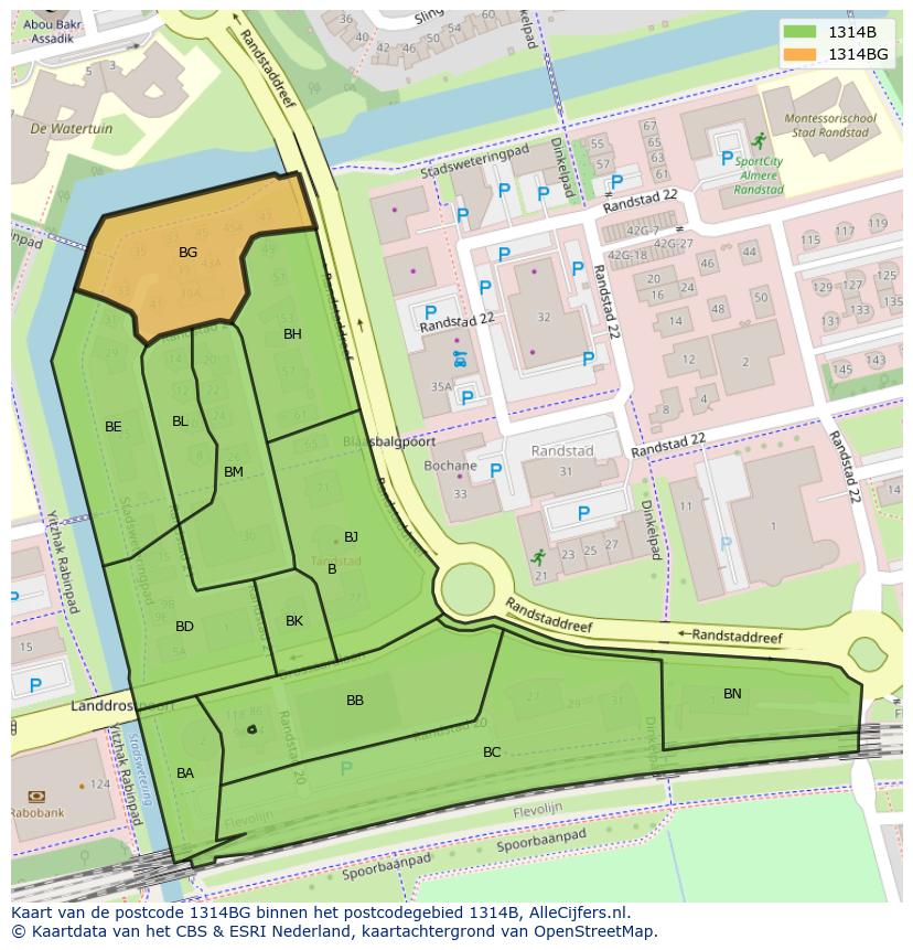 Afbeelding van het postcodegebied 1314 BG op de kaart.