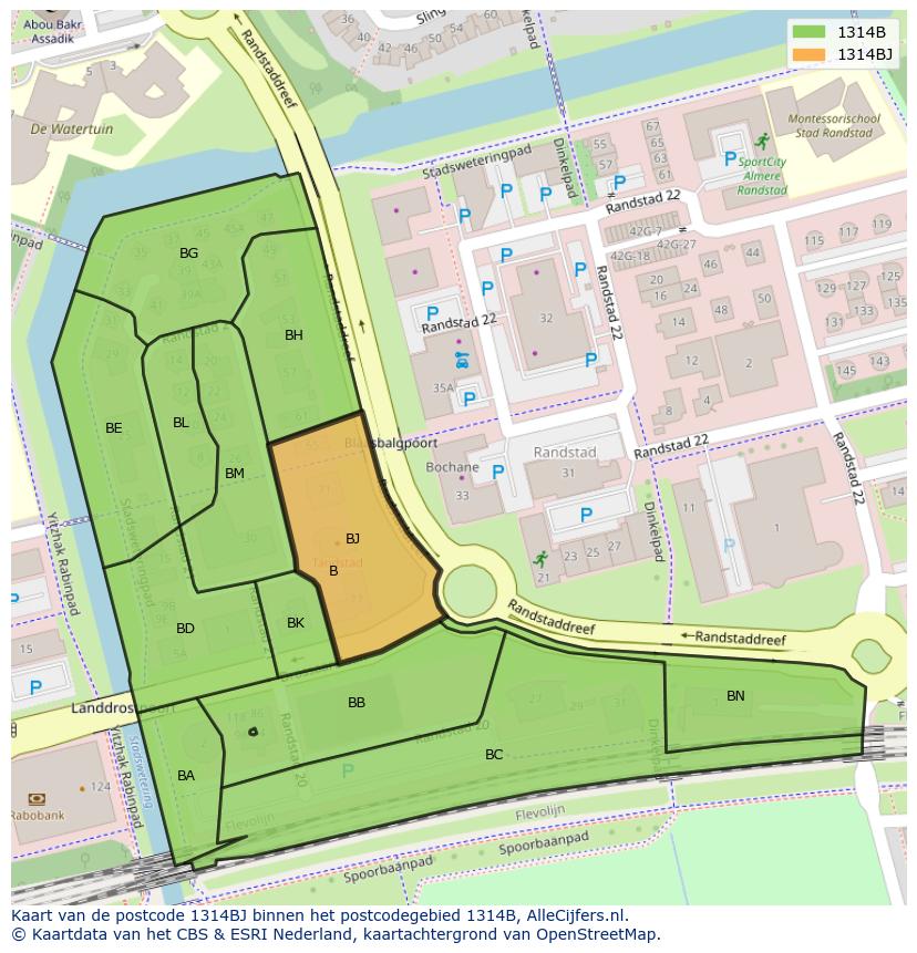 Afbeelding van het postcodegebied 1314 BJ op de kaart.