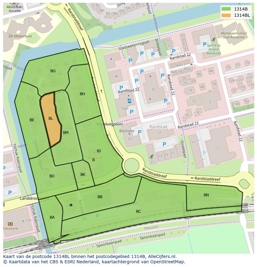 Afbeelding van het postcodegebied 1314 BL op de kaart.