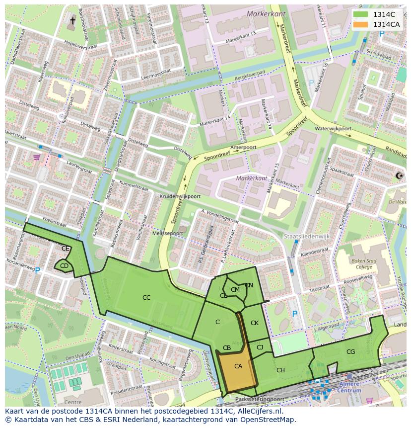 Afbeelding van het postcodegebied 1314 CA op de kaart.