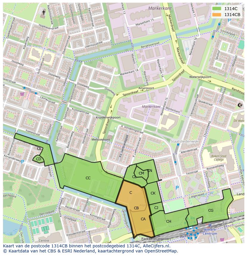 Afbeelding van het postcodegebied 1314 CB op de kaart.