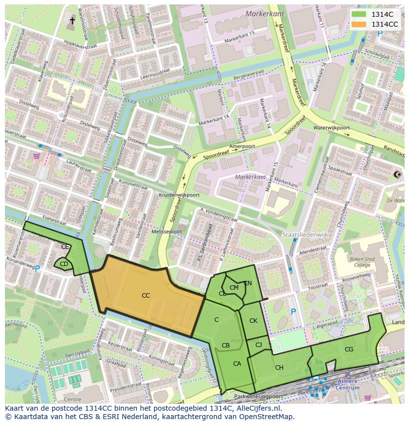 Afbeelding van het postcodegebied 1314 CC op de kaart.