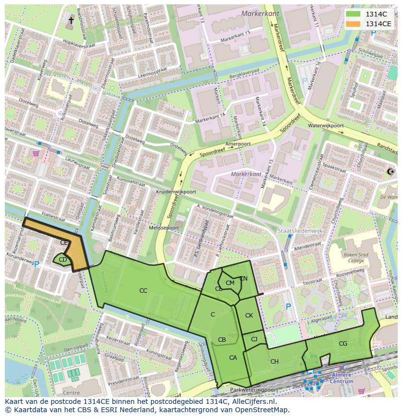 Afbeelding van het postcodegebied 1314 CE op de kaart.
