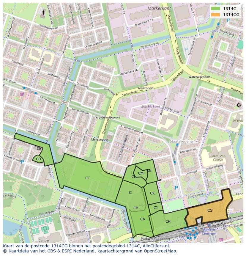 Afbeelding van het postcodegebied 1314 CG op de kaart.