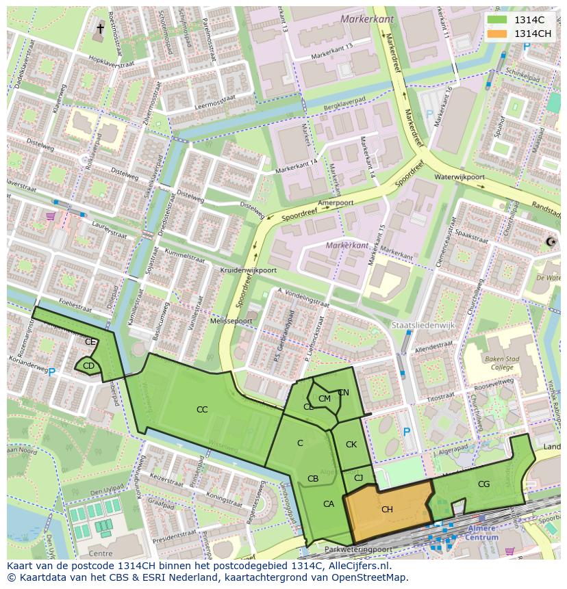 Afbeelding van het postcodegebied 1314 CH op de kaart.