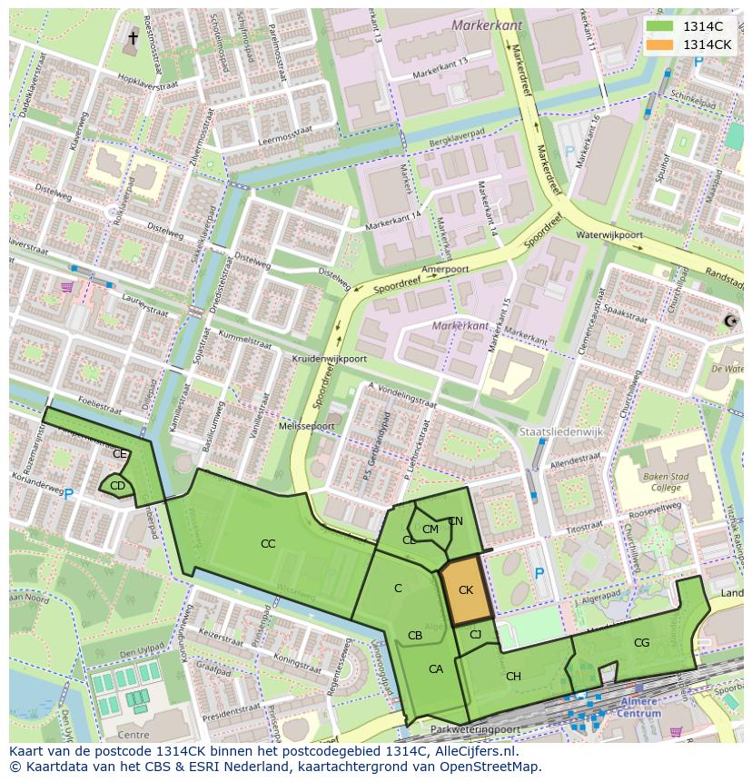 Afbeelding van het postcodegebied 1314 CK op de kaart.