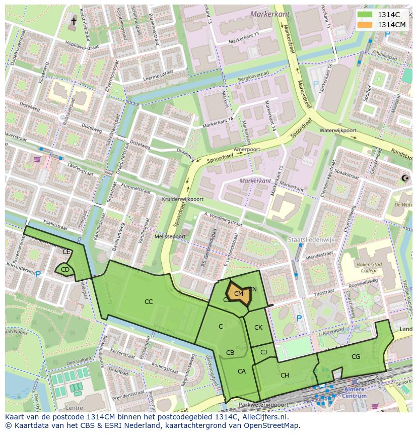 Afbeelding van het postcodegebied 1314 CM op de kaart.