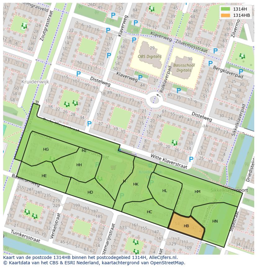Afbeelding van het postcodegebied 1314 HB op de kaart.