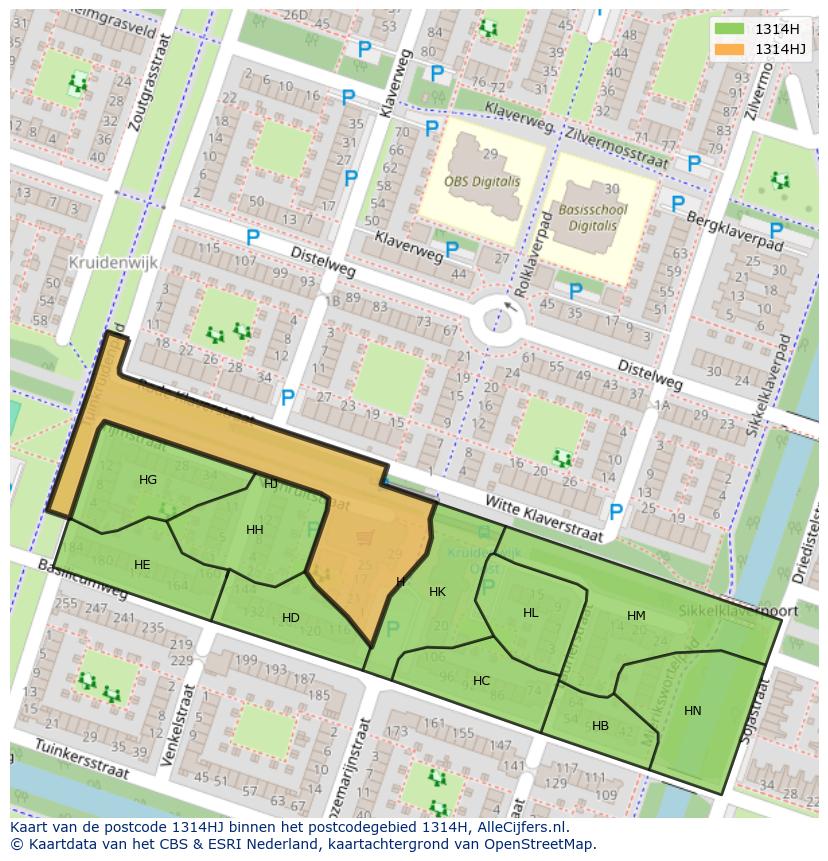 Afbeelding van het postcodegebied 1314 HJ op de kaart.