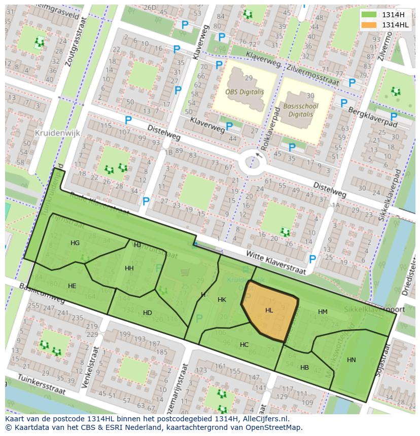 Afbeelding van het postcodegebied 1314 HL op de kaart.