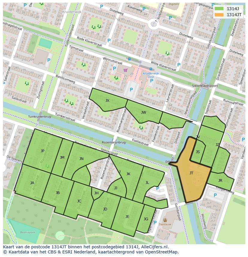 Afbeelding van het postcodegebied 1314 JT op de kaart.
