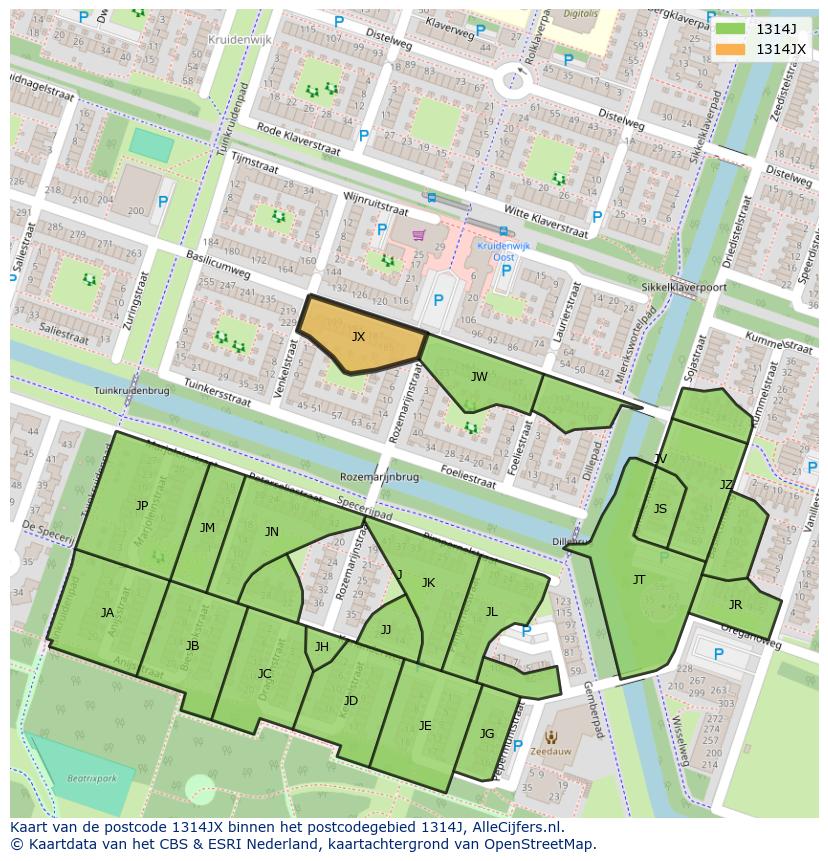 Afbeelding van het postcodegebied 1314 JX op de kaart.