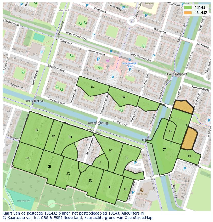 Afbeelding van het postcodegebied 1314 JZ op de kaart.