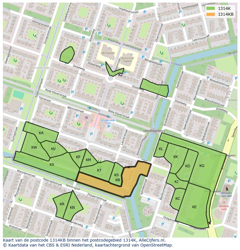 Afbeelding van het postcodegebied 1314 KB op de kaart.