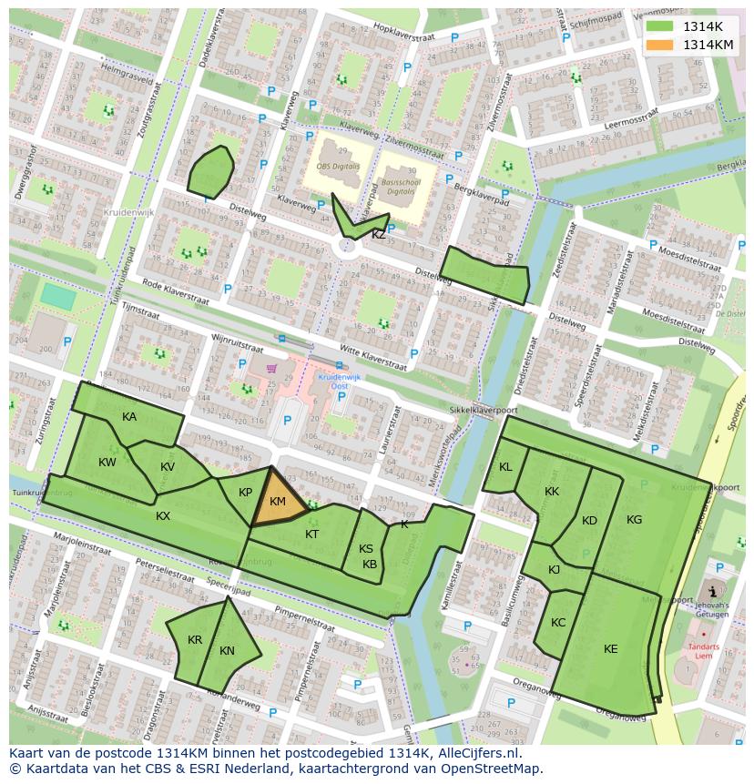 Afbeelding van het postcodegebied 1314 KM op de kaart.