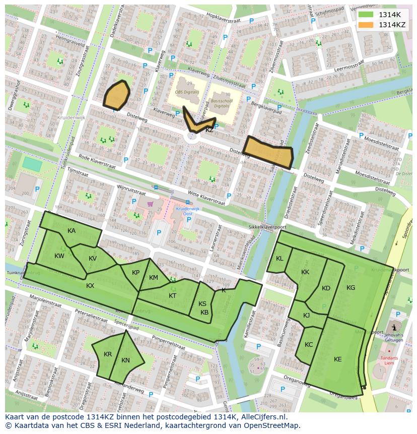 Afbeelding van het postcodegebied 1314 KZ op de kaart.