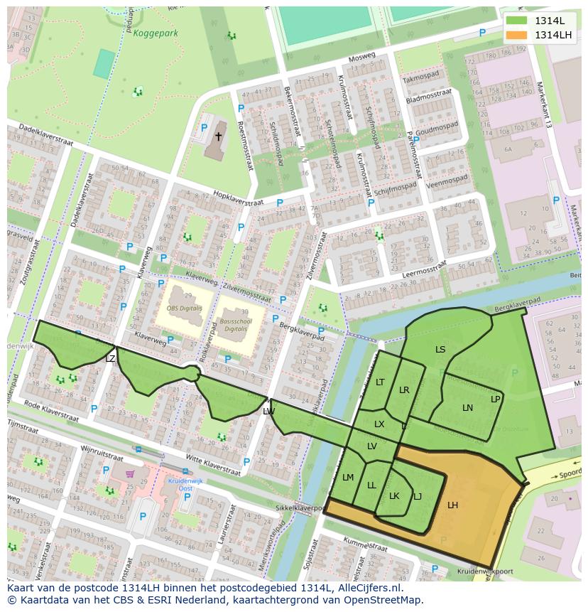 Afbeelding van het postcodegebied 1314 LH op de kaart.