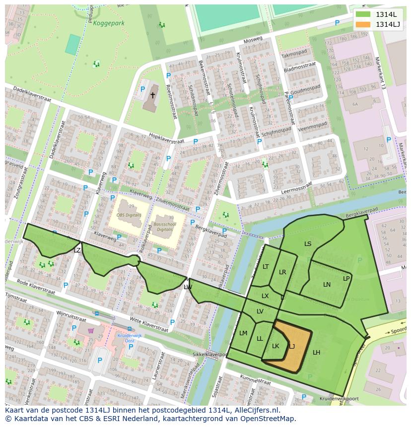 Afbeelding van het postcodegebied 1314 LJ op de kaart.