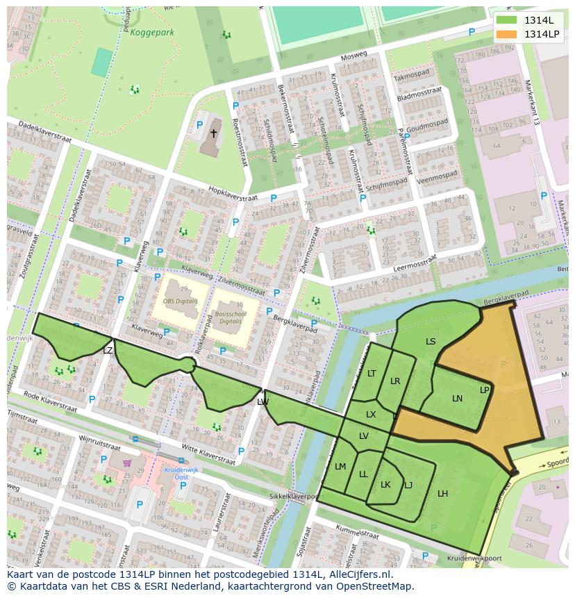 Afbeelding van het postcodegebied 1314 LP op de kaart.