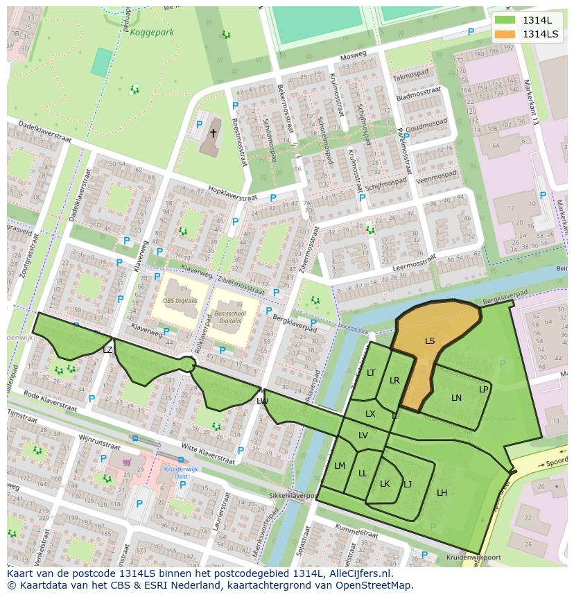 Afbeelding van het postcodegebied 1314 LS op de kaart.