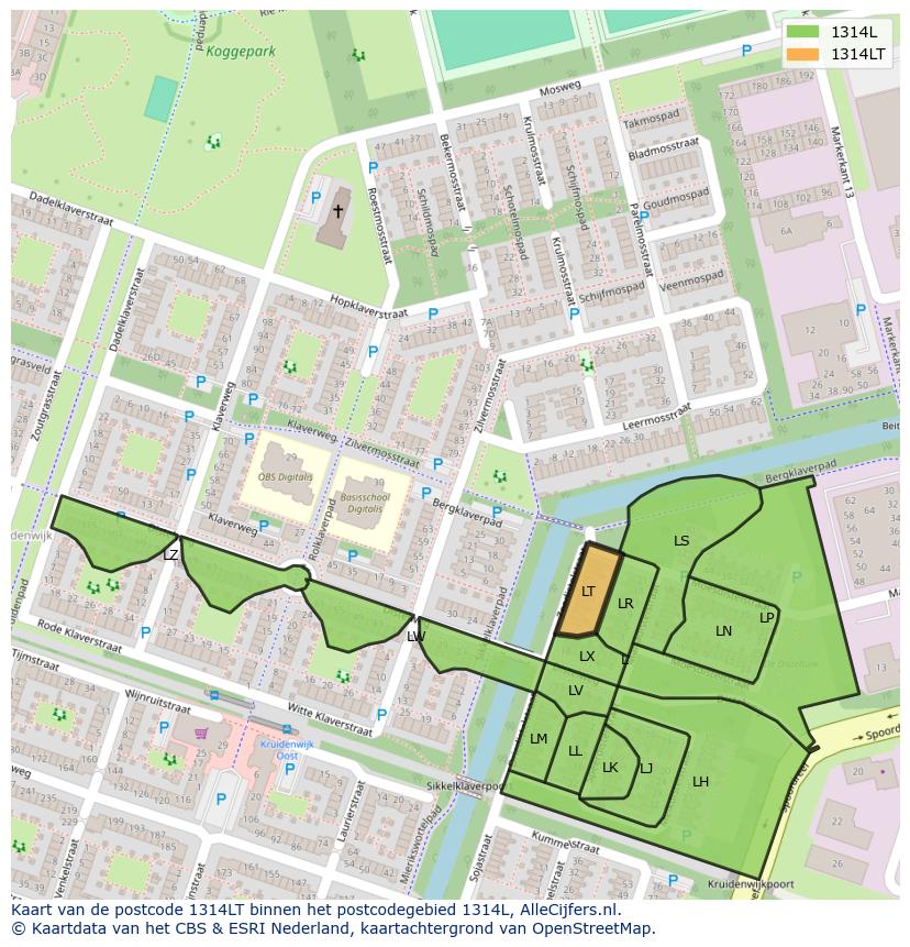 Afbeelding van het postcodegebied 1314 LT op de kaart.