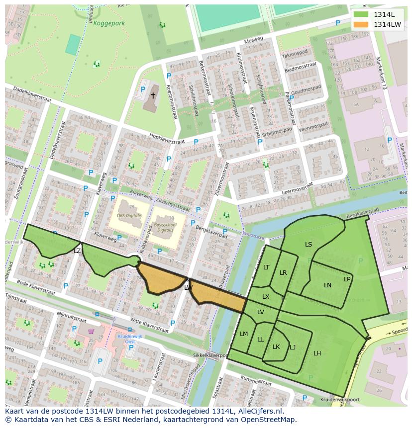 Afbeelding van het postcodegebied 1314 LW op de kaart.