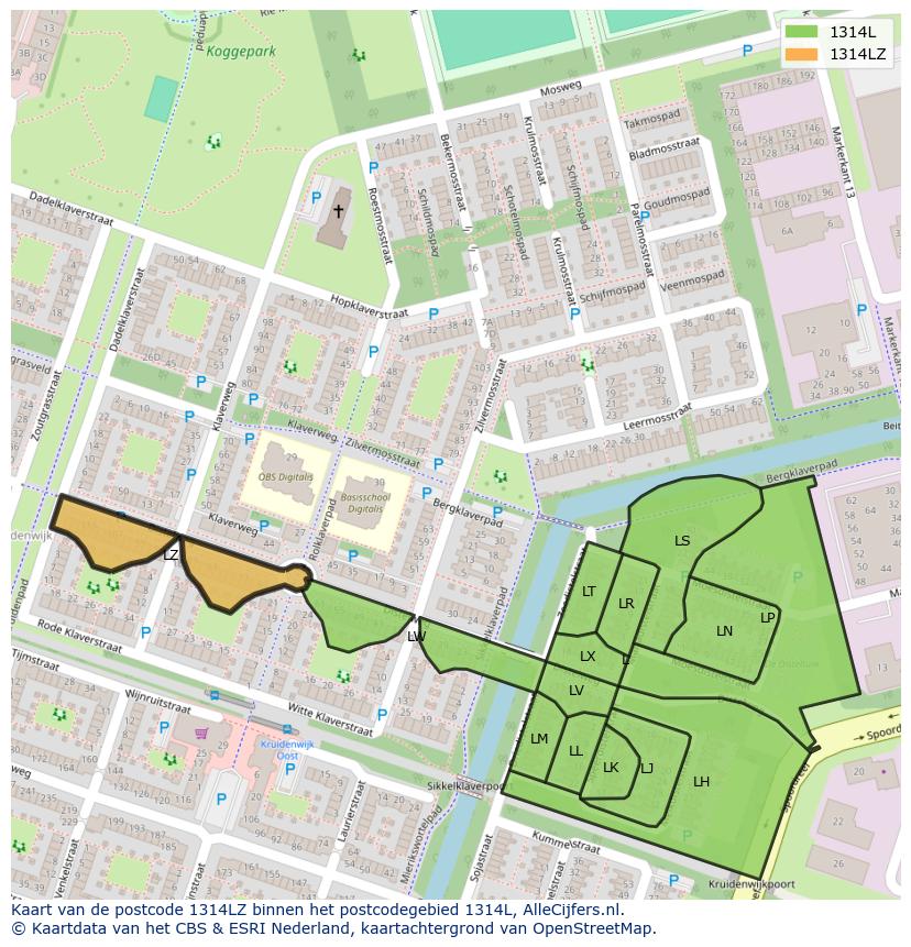 Afbeelding van het postcodegebied 1314 LZ op de kaart.